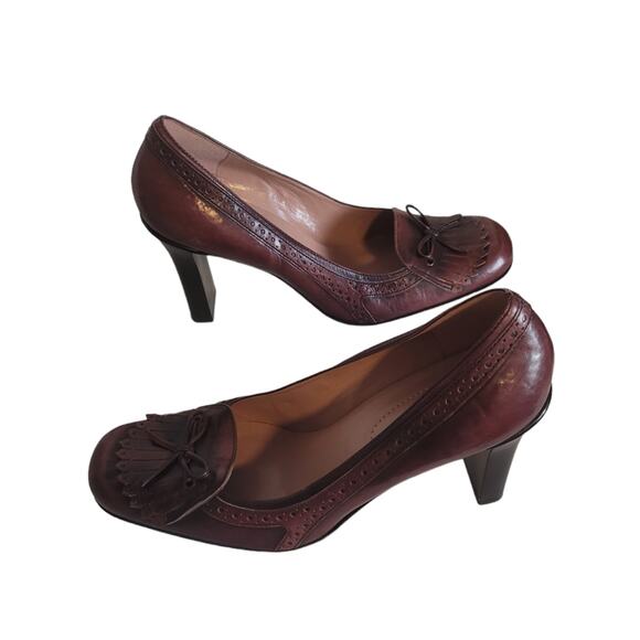 Nine West Women's Slip On Burgundy Leather Wingtip Brogue Chunky Heels Size: 9 - Picture 2 of 6